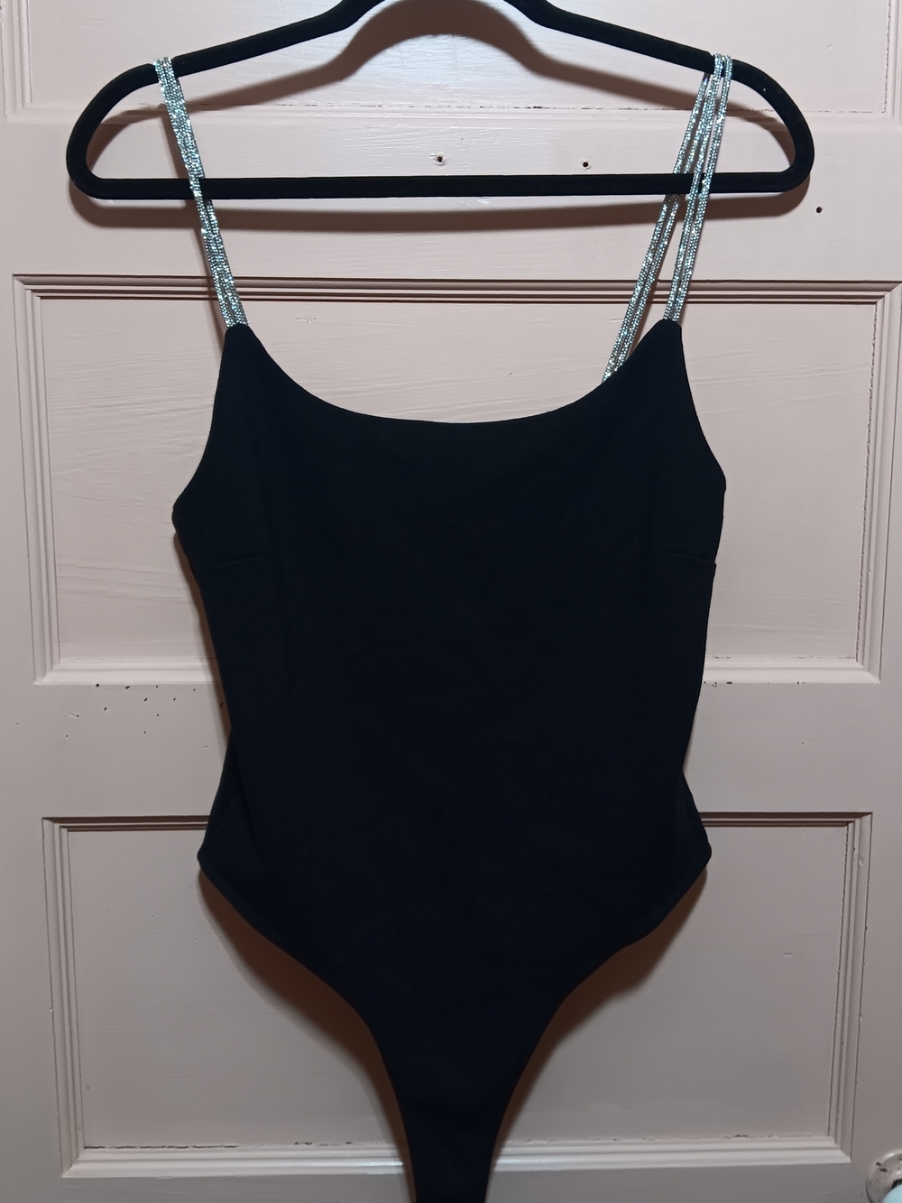 Forever 21 Black Thong Bodysuit with Shimmering Silver Straps